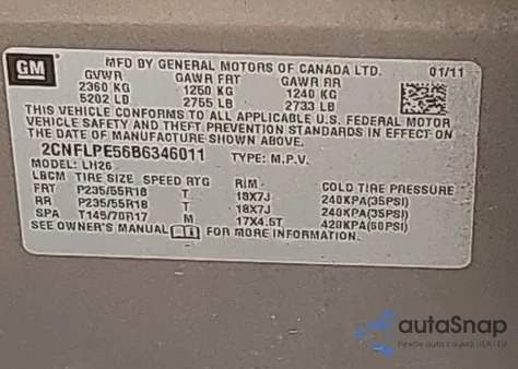 2011 Chevrolet Equinox 2Lt from USA, damaged, VIN 2CNFLPE56B6346011